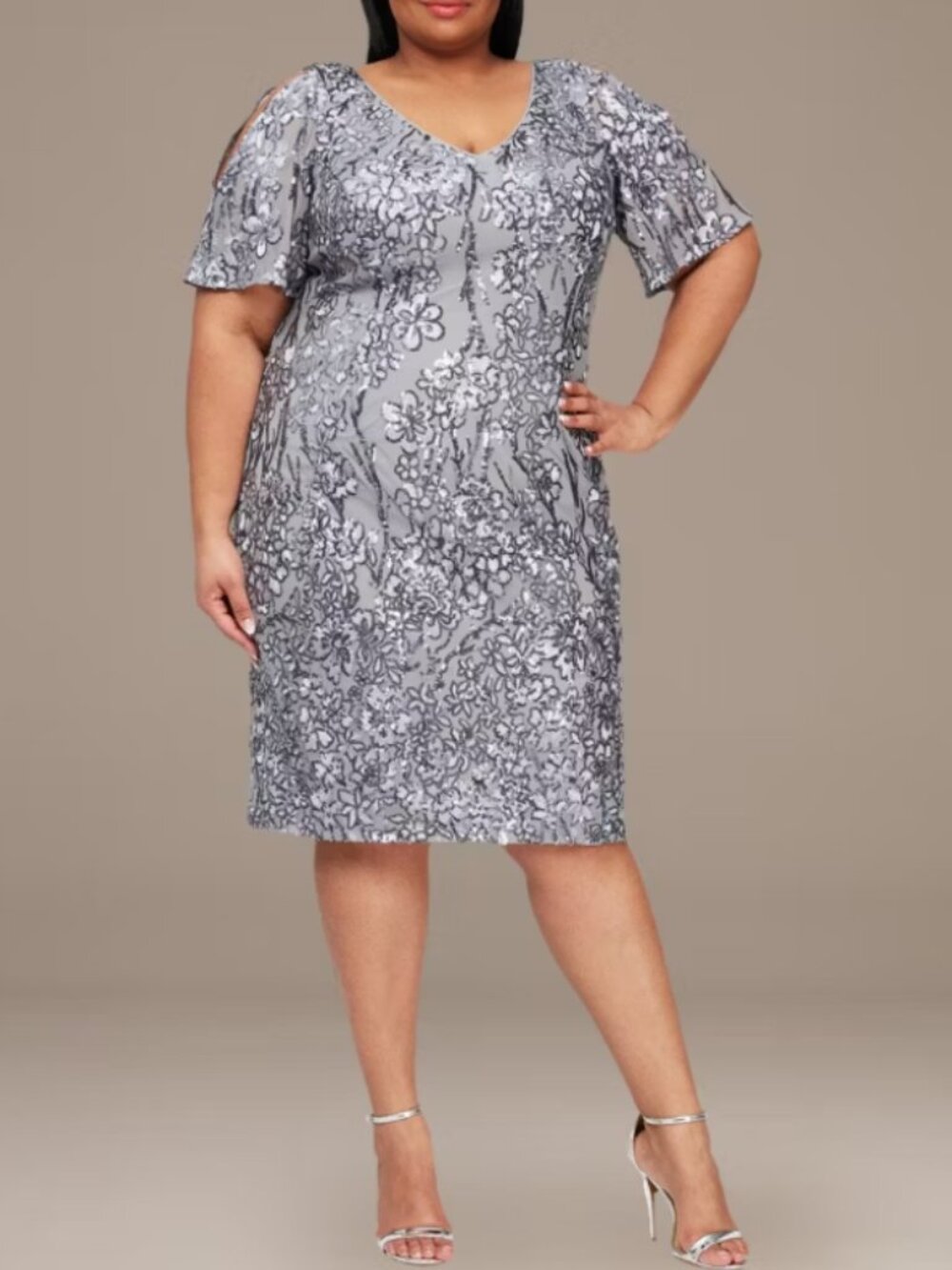 Alex Evenings Women’s Sequin Cold Shoulder Flutter Sleeve Dress 18W